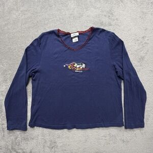 Disneyland Resort Shirt Womens XXL Blue Long Sleeve V-Neck Embroidered Mickey